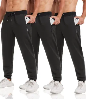 3 Pack Sweatpants for Men Tapered Mens Joggers Pants with Zip Pockets Fleece Slim Fit Workout Running Gym Sweat Pants