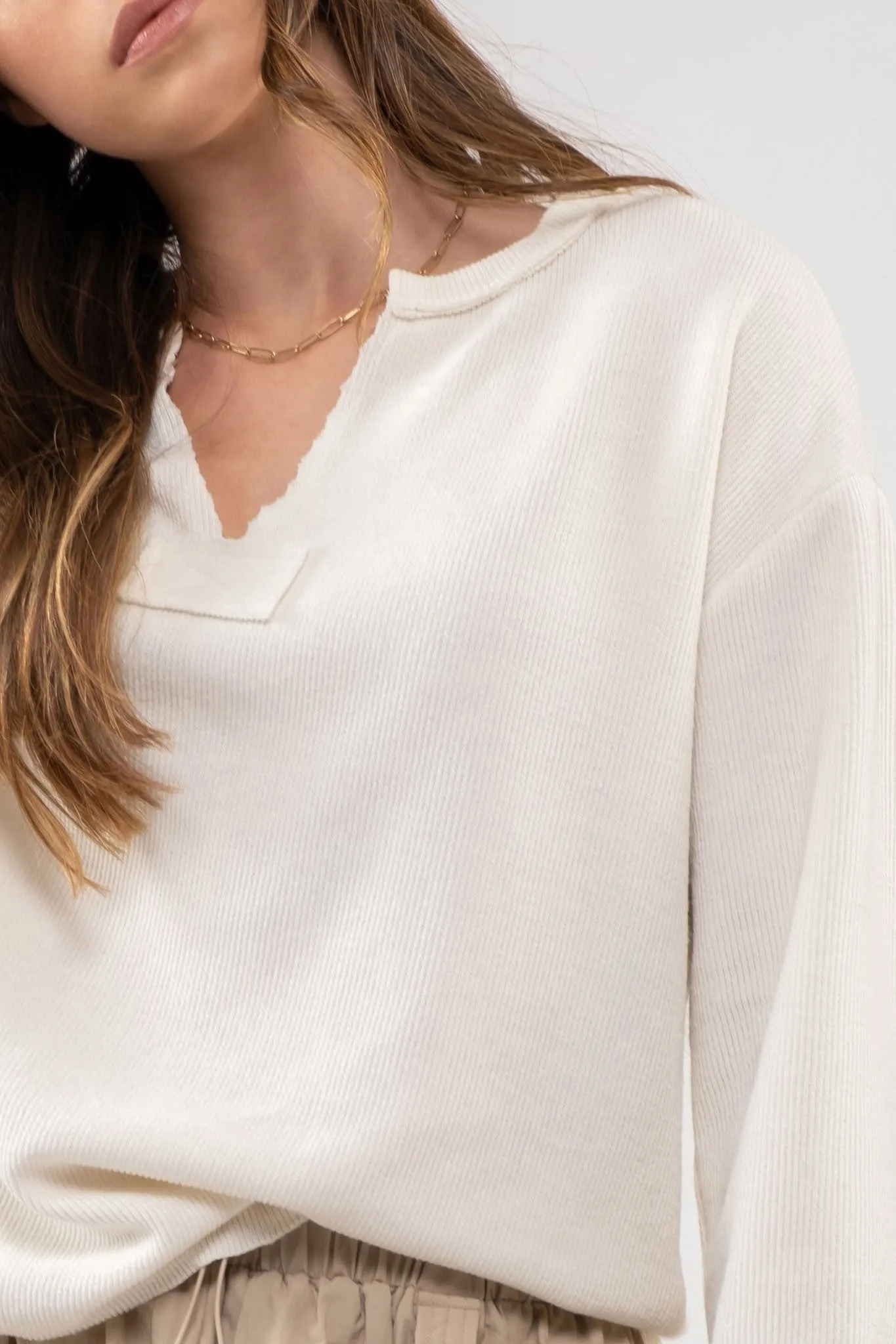 3/4 Folded Sleeve Rough Hem Top