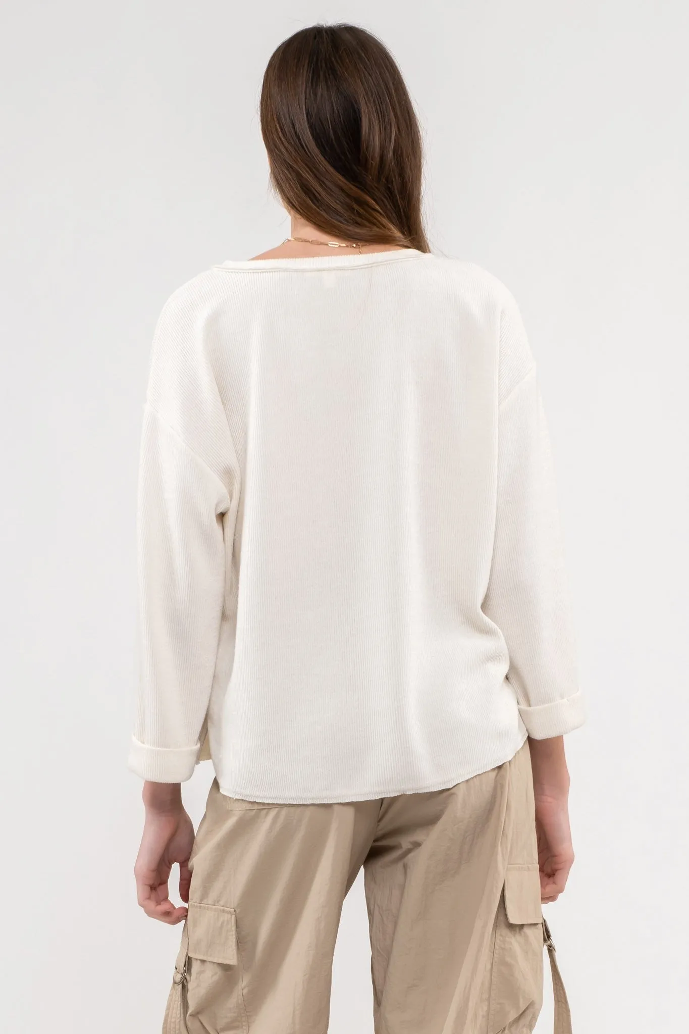 3/4 Folded Sleeve Rough Hem Top