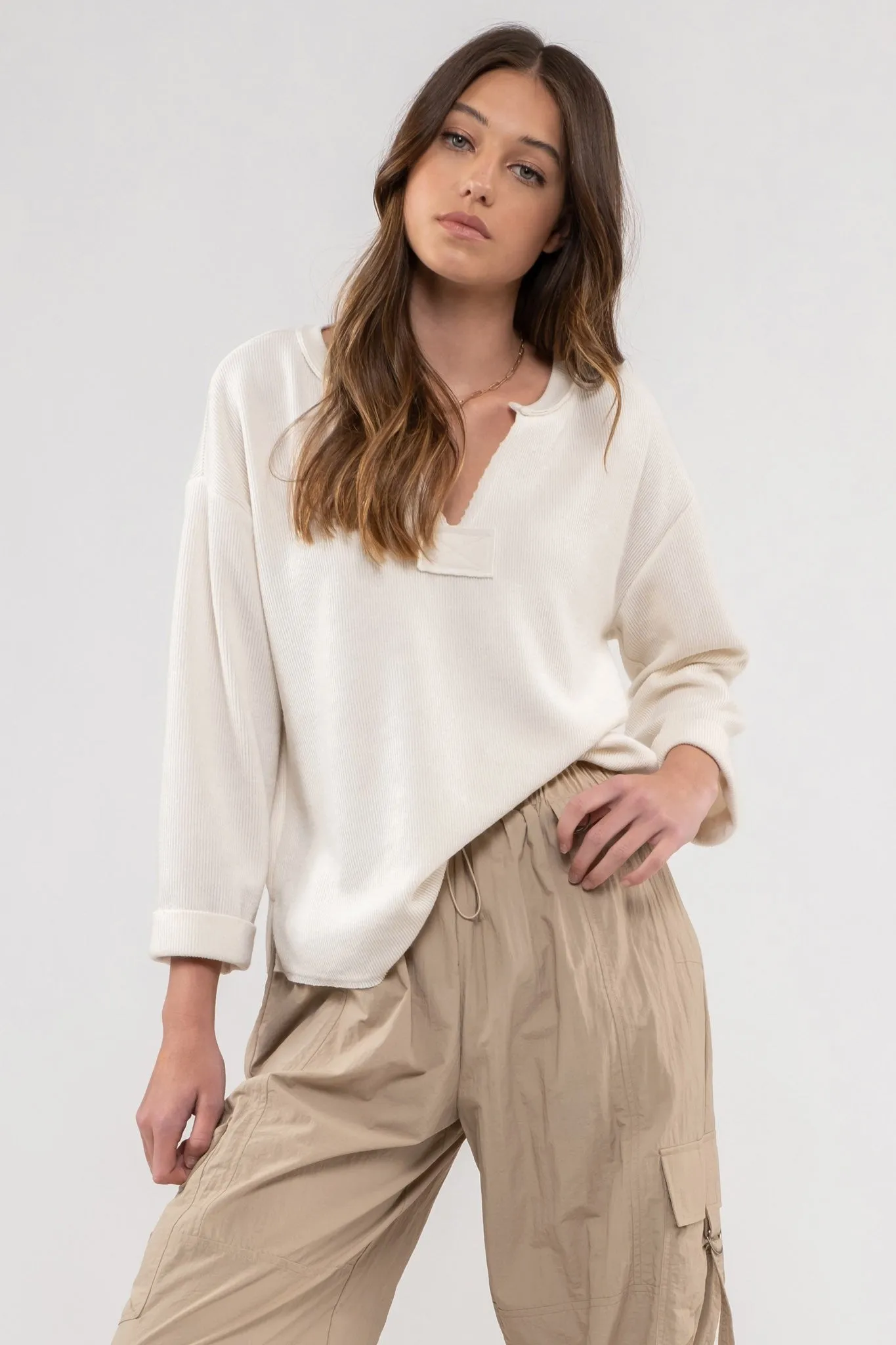 3/4 Folded Sleeve Rough Hem Top