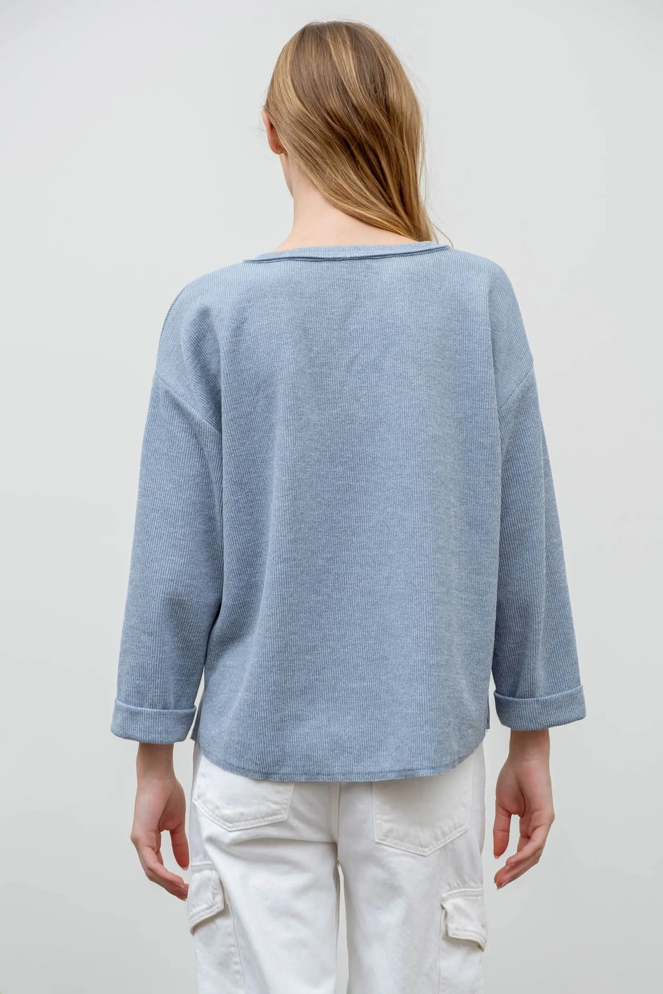 3/4 Folded Sleeve Rough Hem Top