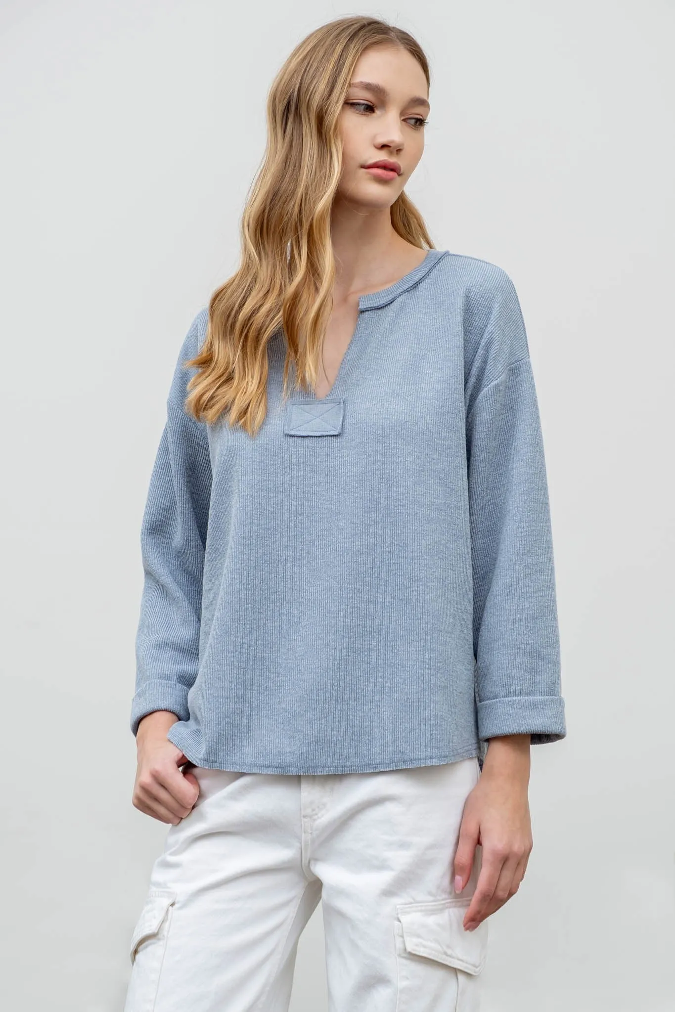 3/4 Folded Sleeve Rough Hem Top