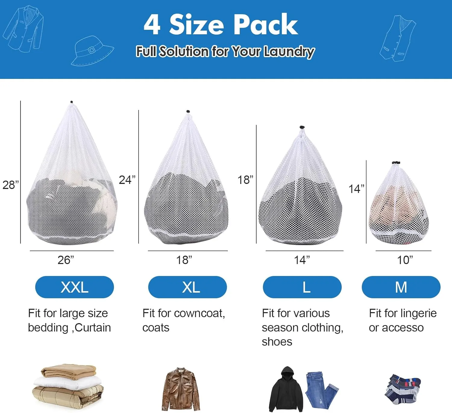 4Pcs Mesh Laundry Bags Washing Machine Mesh Wash Bags for Clothes,Underwear,Lingerie, Bed Linen with Drawstring Closure Sturdy(4 Szie)
