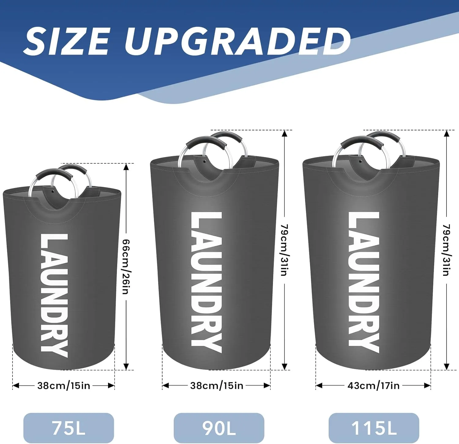 90L Large Laundry Basket, Freestanding Waterproof Laundry Hamper, Collapsible Folding Tall Clothes Hamper, Easy Carry with Foam Protected Aluminum Handles for Dorm, Family, Travel (Grey)