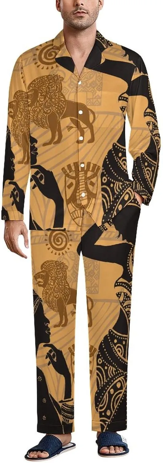 African Tribe Black Woman 2 PCS Men Pajama Set Long Sleeve Button-down Shirts Tops & Sleep Pants Loungewear