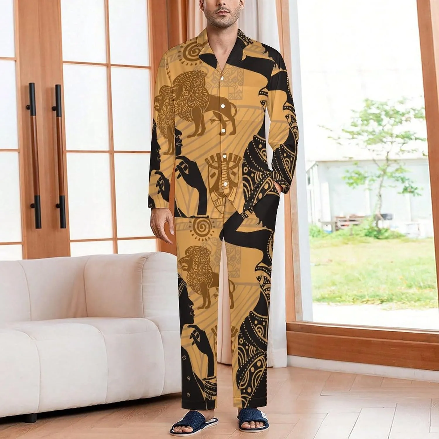 African Tribe Black Woman 2 PCS Men Pajama Set Long Sleeve Button-down Shirts Tops & Sleep Pants Loungewear