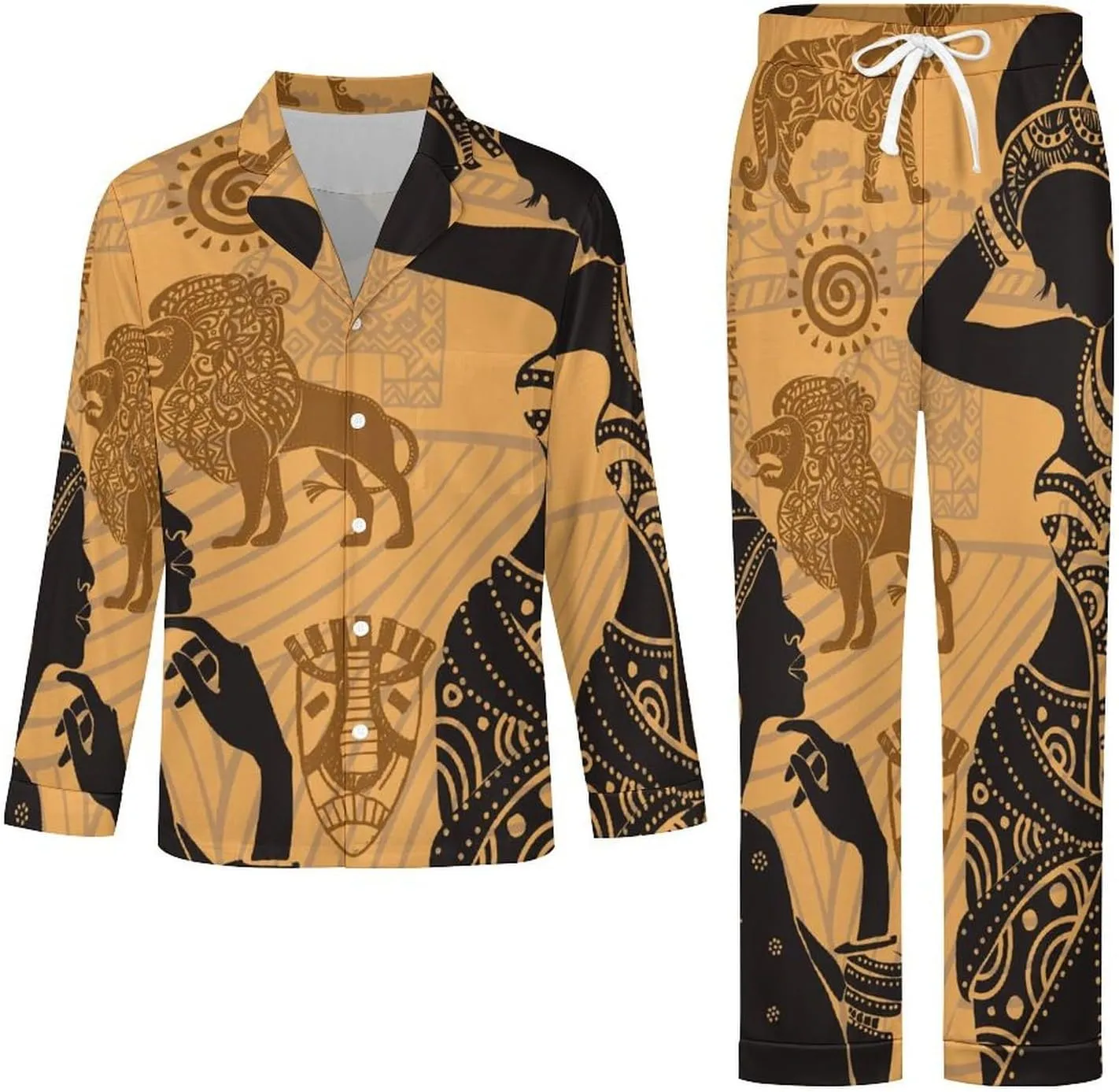 African Tribe Black Woman 2 PCS Men Pajama Set Long Sleeve Button-down Shirts Tops & Sleep Pants Loungewear