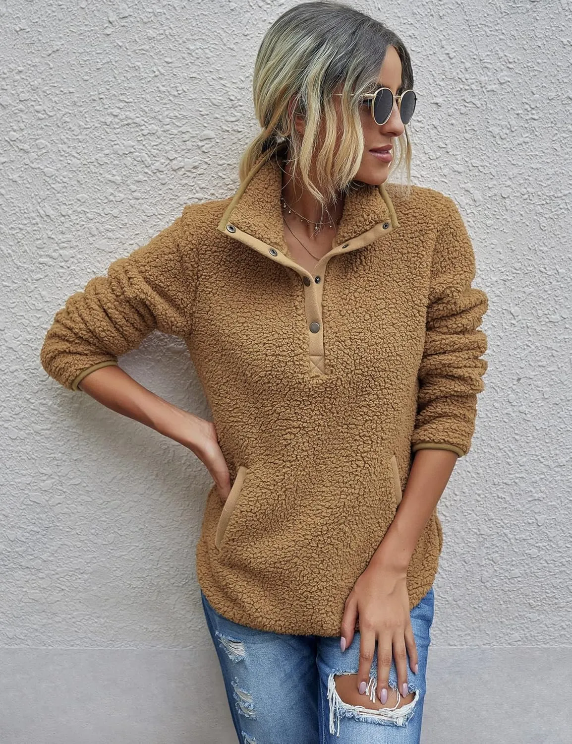 AKEWEI Women Faux Fleece Sweatshirt Fuzzy Button Pullover Coat with Pocket