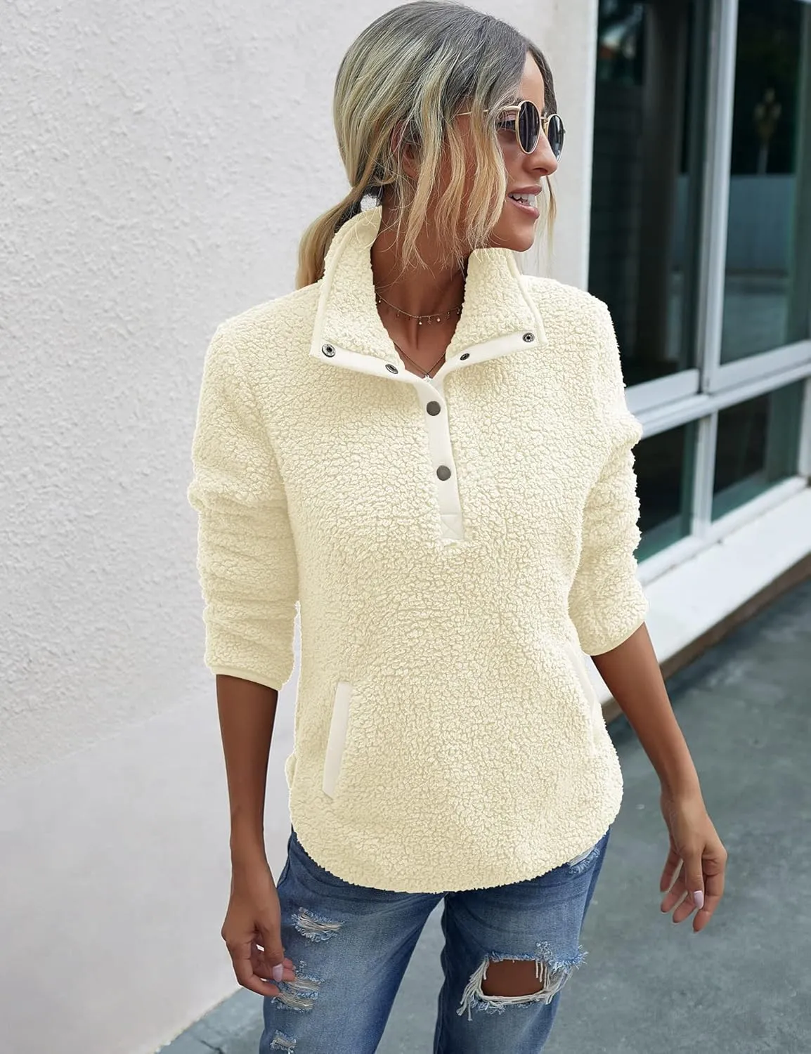 AKEWEI Women Faux Fleece Sweatshirt Fuzzy Button Pullover Coat with Pocket