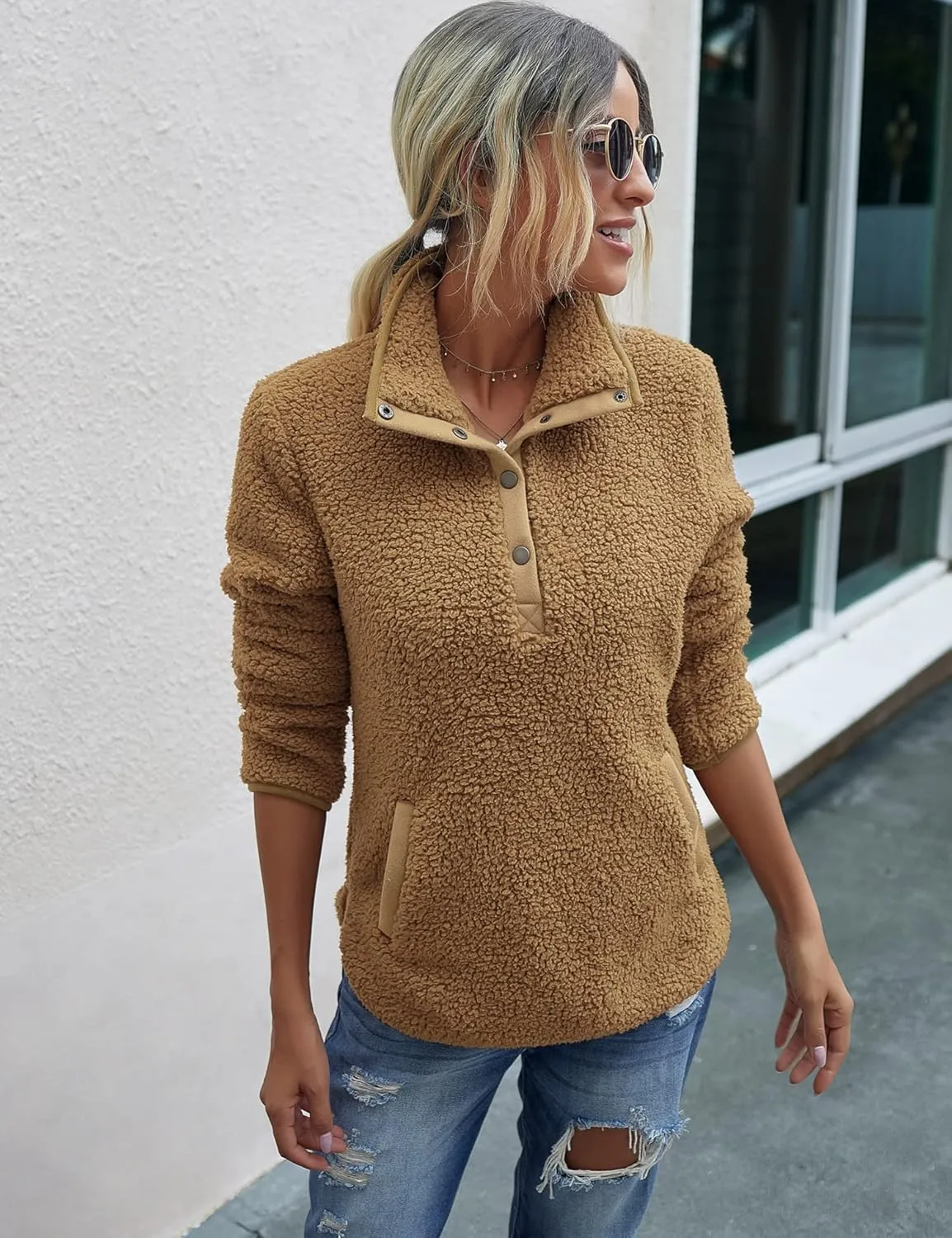 AKEWEI Women Faux Fleece Sweatshirt Fuzzy Button Pullover Coat with Pocket