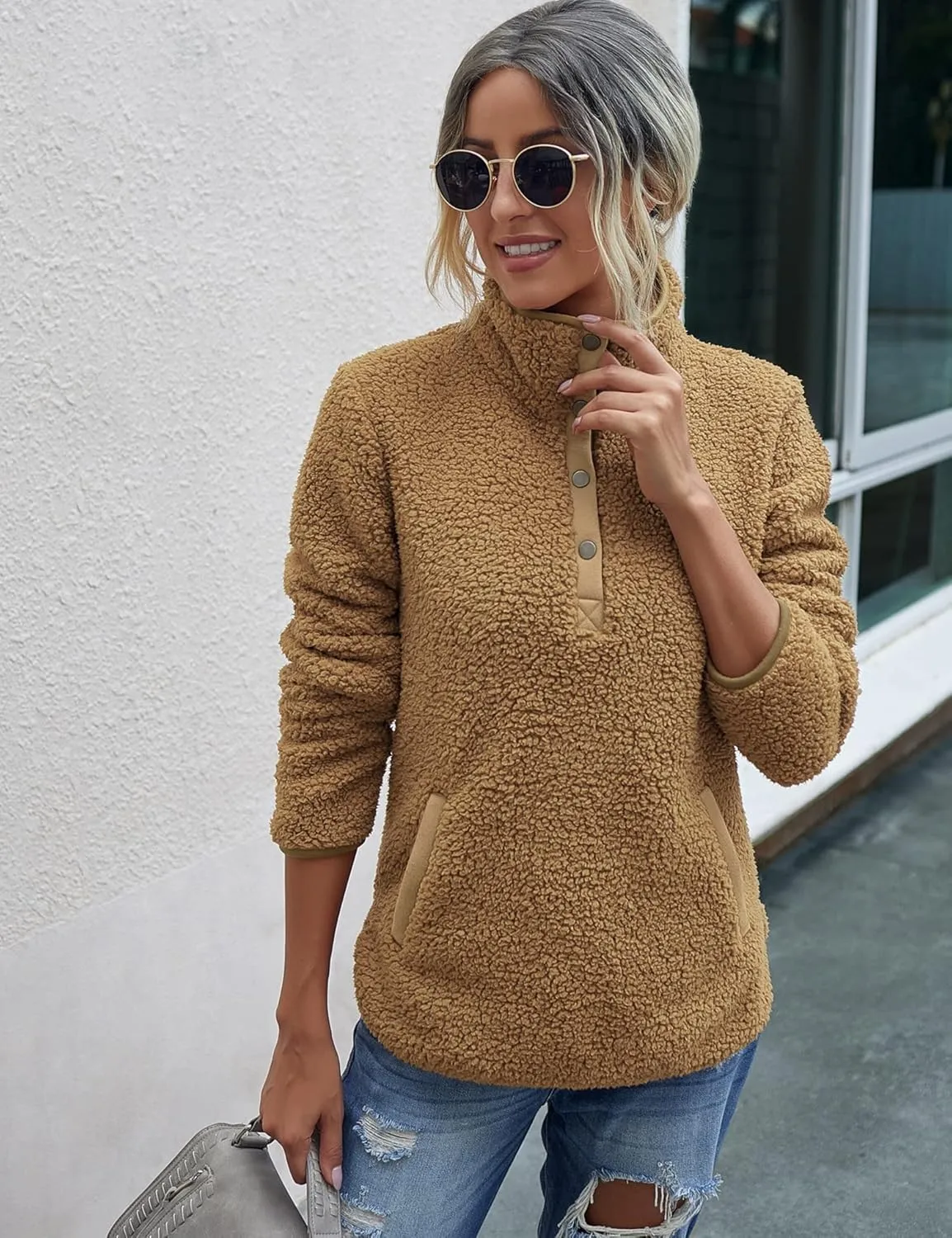 AKEWEI Women Faux Fleece Sweatshirt Fuzzy Button Pullover Coat with Pocket