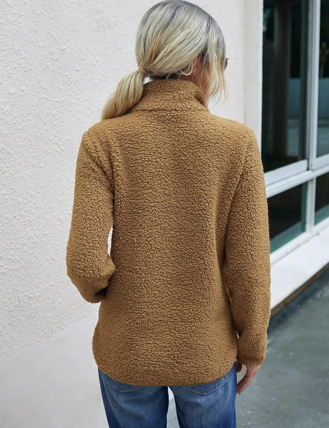 AKEWEI Women Faux Fleece Sweatshirt Fuzzy Button Pullover Coat with Pocket