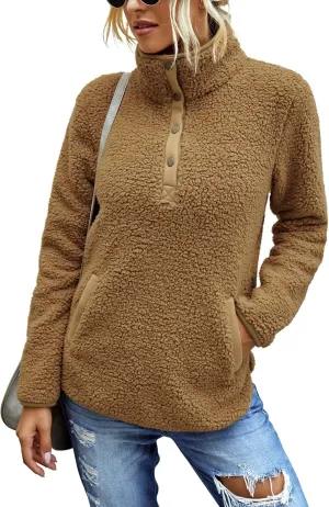 AKEWEI Women Faux Fleece Sweatshirt Fuzzy Button Pullover Coat with Pocket