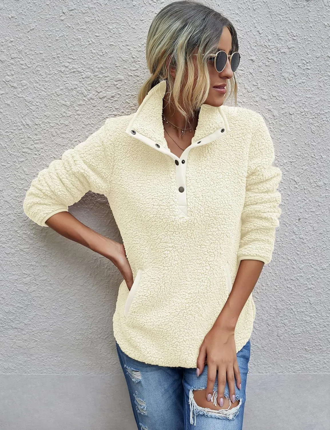 AKEWEI Women Faux Fleece Sweatshirt Fuzzy Button Pullover Coat with Pocket
