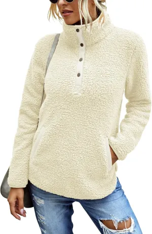 AKEWEI Women Faux Fleece Sweatshirt Fuzzy Button Pullover Coat with Pocket