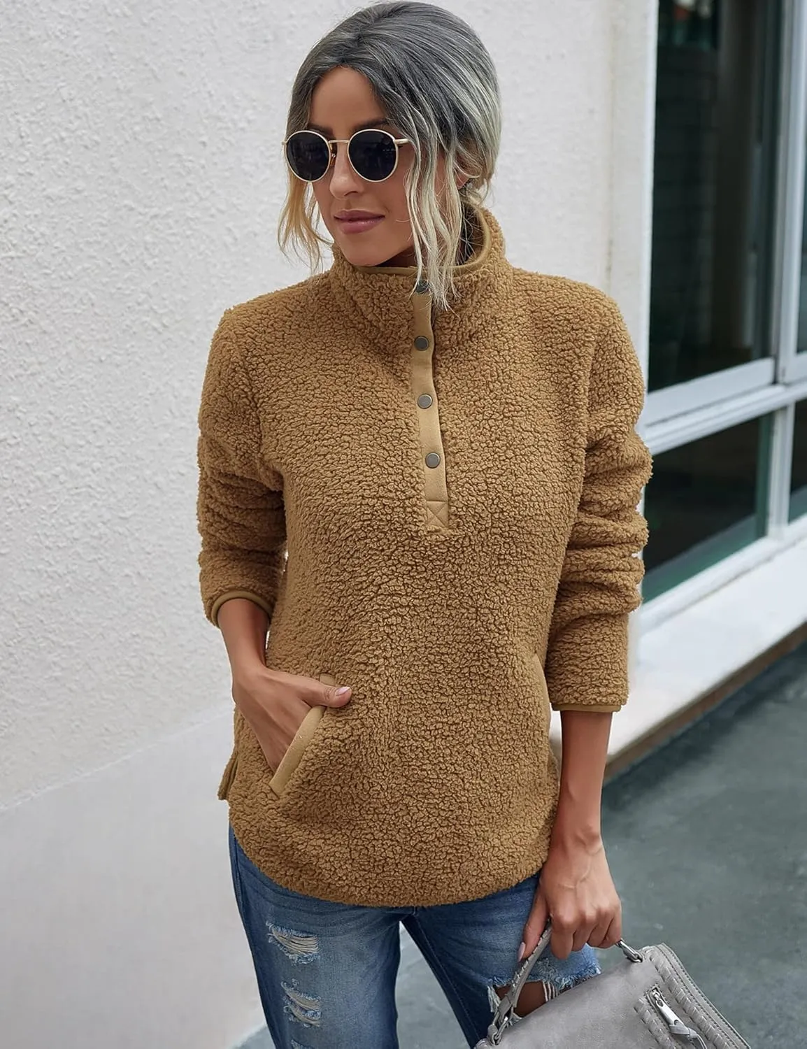 AKEWEI Women Faux Fleece Sweatshirt Fuzzy Button Pullover Coat with Pocket
