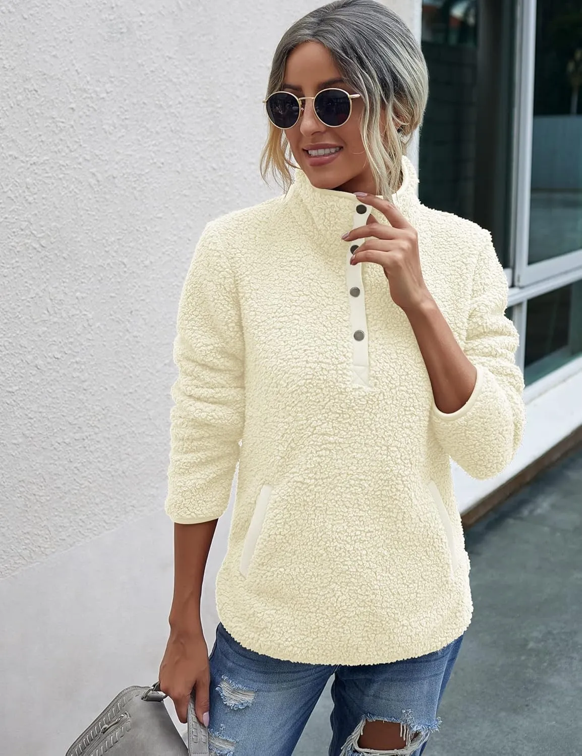 AKEWEI Women Faux Fleece Sweatshirt Fuzzy Button Pullover Coat with Pocket