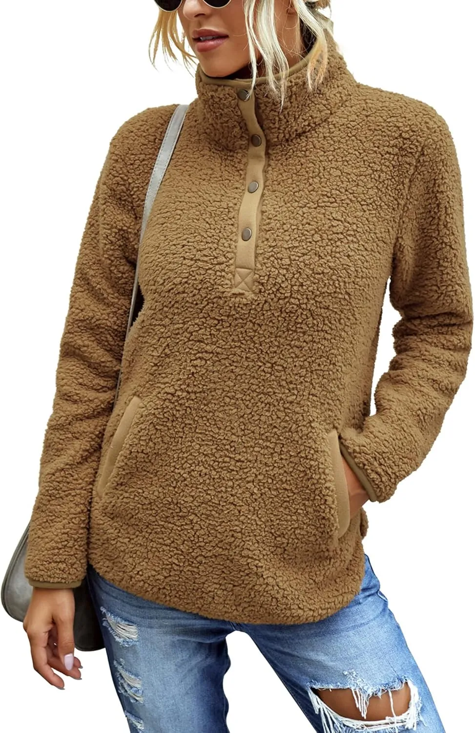 AKEWEI Women Faux Fleece Sweatshirt Fuzzy Button Pullover Coat with Pocket