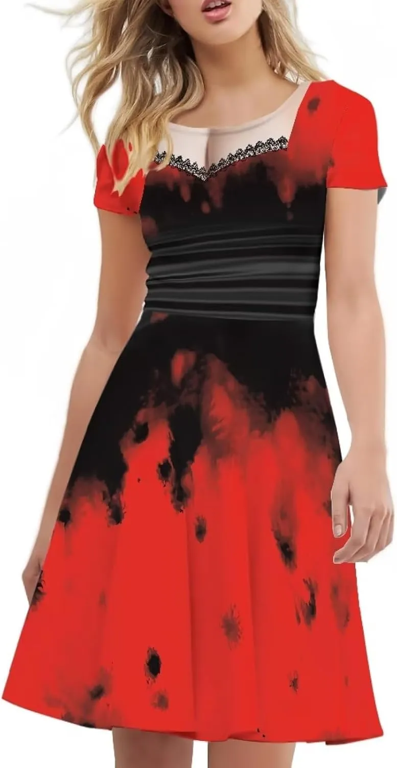 Amzprint Purple Tunic Bodycon Midi Swing Halloween Party Dress for Women Plus Size High Waist Short Sleeve Pleated Dress