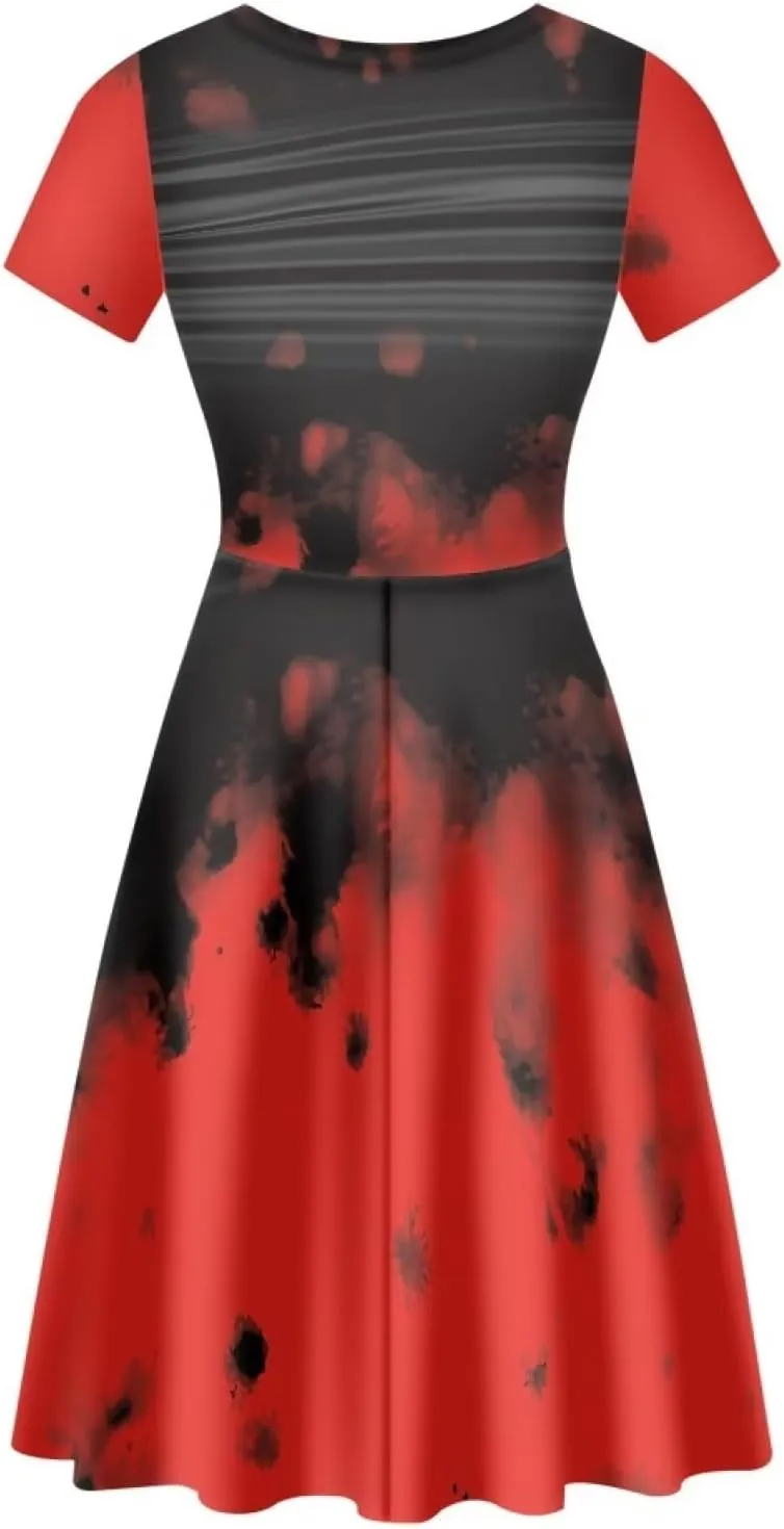 Amzprint Purple Tunic Bodycon Midi Swing Halloween Party Dress for Women Plus Size High Waist Short Sleeve Pleated Dress