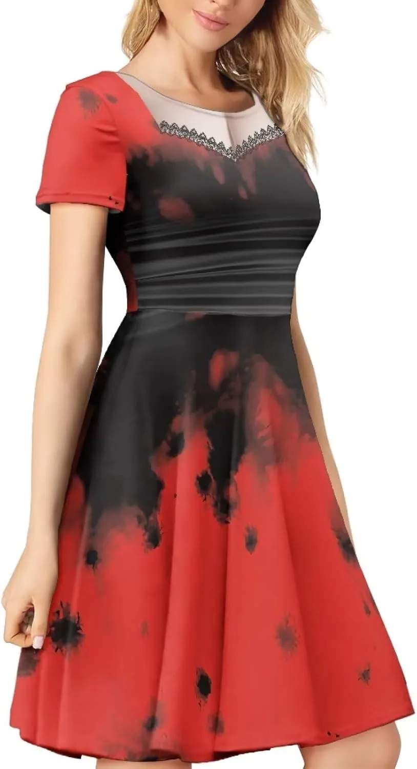 Amzprint Purple Tunic Bodycon Midi Swing Halloween Party Dress for Women Plus Size High Waist Short Sleeve Pleated Dress