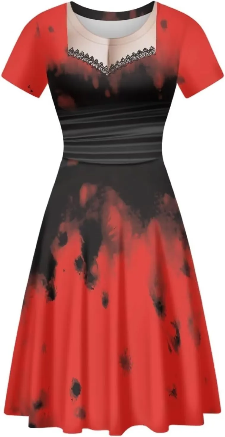 Amzprint Purple Tunic Bodycon Midi Swing Halloween Party Dress for Women Plus Size High Waist Short Sleeve Pleated Dress