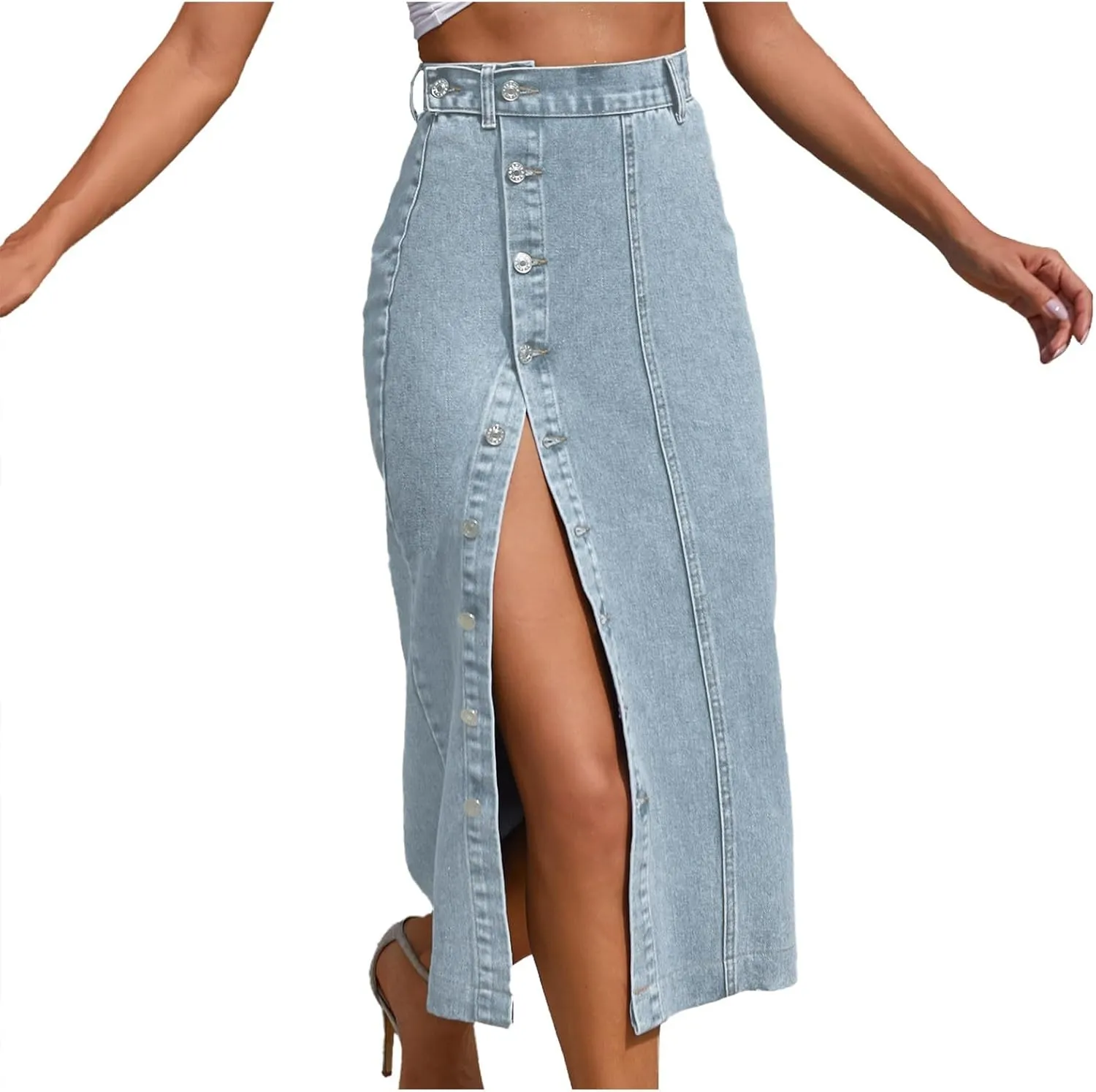 Aniywn Blue Jean Skirts for Women Denim Women's Button Front Denim Skirt High Waisted Split Hem Bodycon Longline Jean Skirts