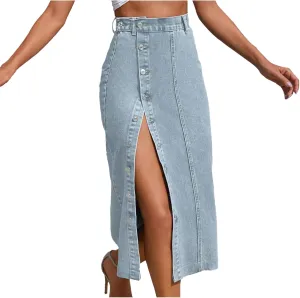 Aniywn Blue Jean Skirts for Women Denim Women's Button Front Denim Skirt High Waisted Split Hem Bodycon Longline Jean Skirts