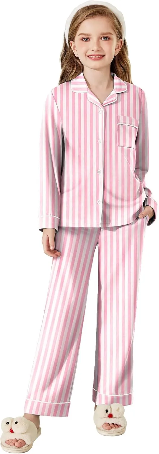 Arshiner Pajamas Set for Girls Plaid Long Sleeve Lounge Set Button Down Pj Sets