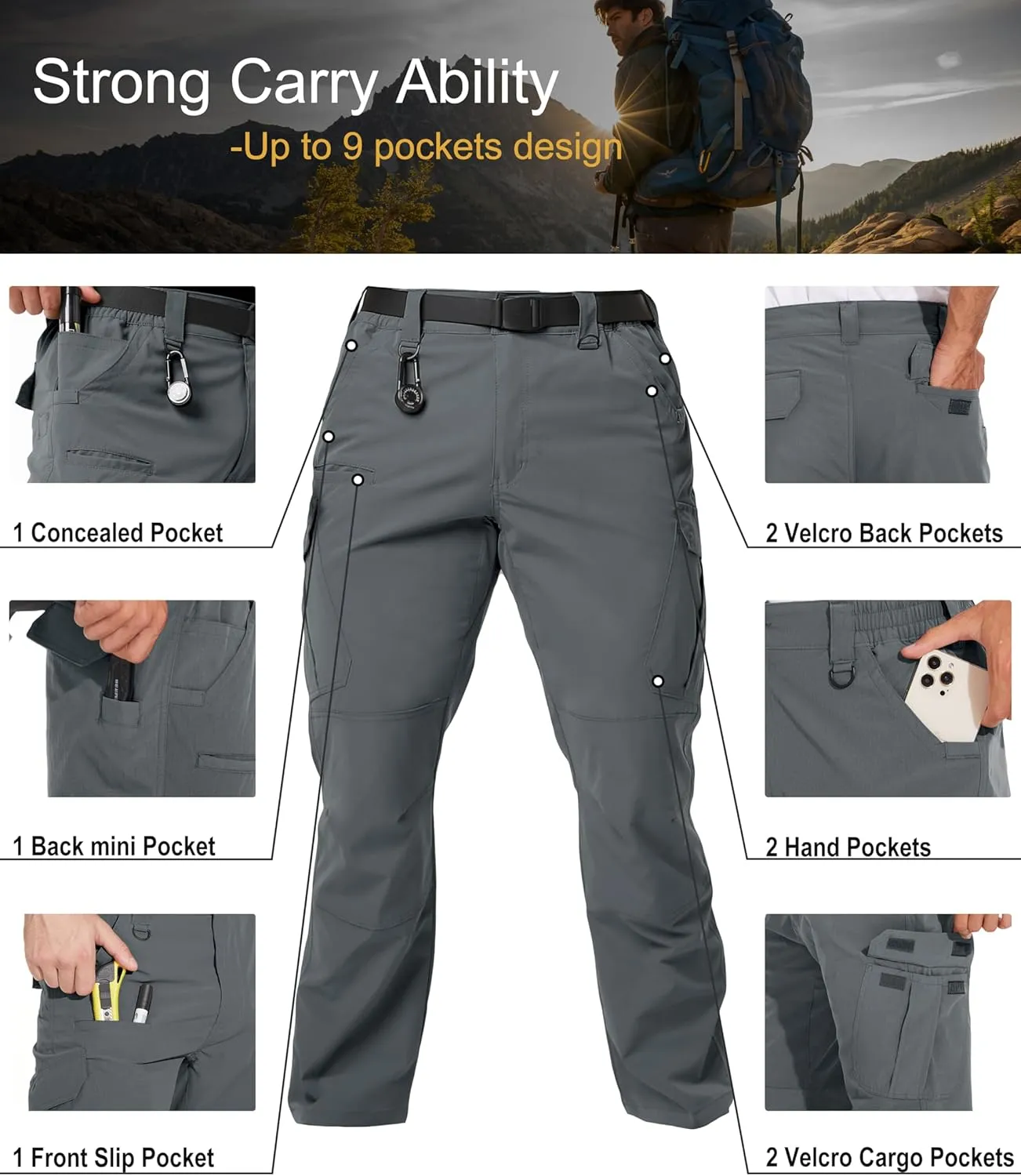Arunlluta Mens Tactical Pants, Ripstop Water Resistant Cargo Work Pants for Men, Stretch Hiking Pants Lightweight
