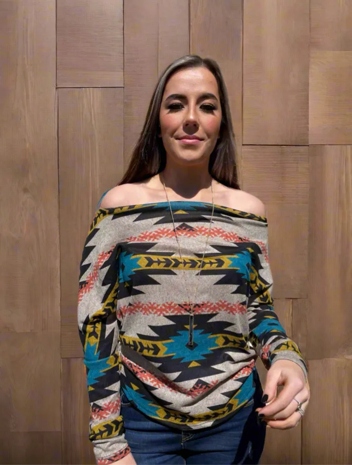 AZTEC PRINTED BOAT NECK LONG SLEEVES KNIT TOP