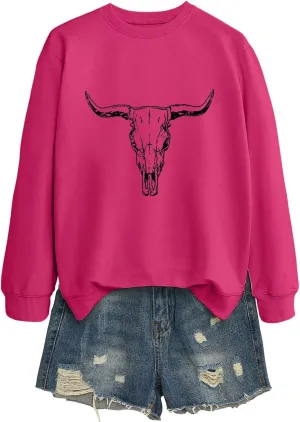 babyhealthy Cow Skull Sweatshirt Women Western Cowgirl Pullover Rodeo Bull Graphic Sweater Tops