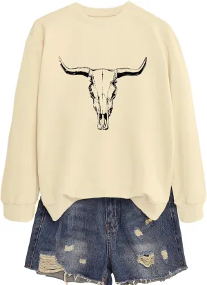 babyhealthy Cow Skull Sweatshirt Women Western Cowgirl Pullover Rodeo Bull Graphic Sweater Tops