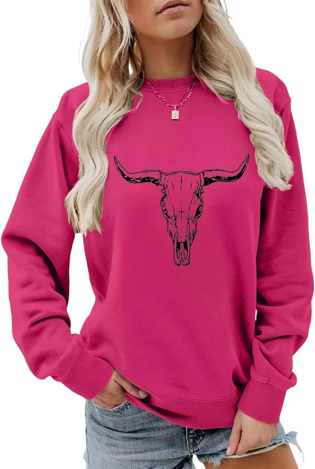babyhealthy Cow Skull Sweatshirt Women Western Cowgirl Pullover Rodeo Bull Graphic Sweater Tops