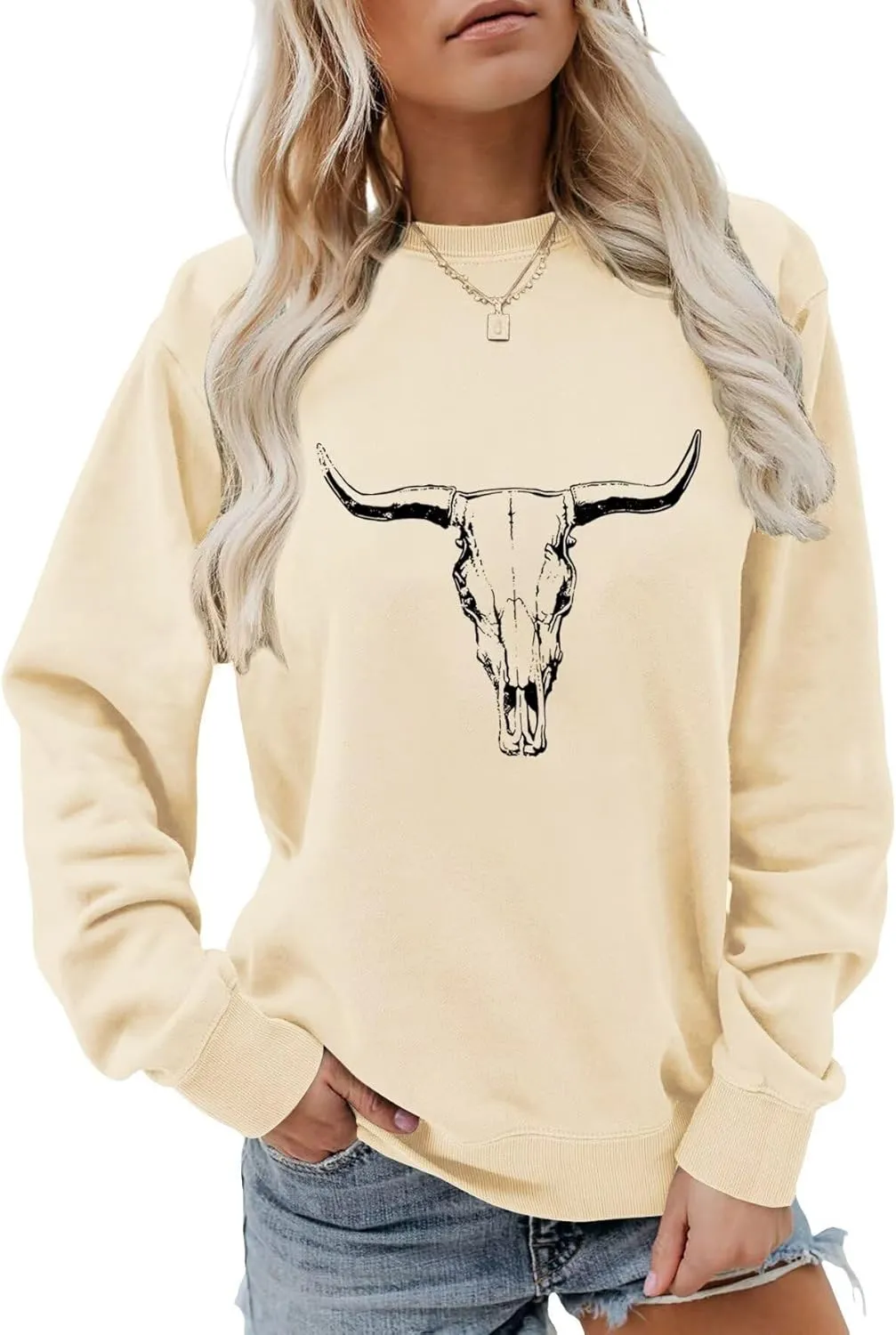 babyhealthy Cow Skull Sweatshirt Women Western Cowgirl Pullover Rodeo Bull Graphic Sweater Tops