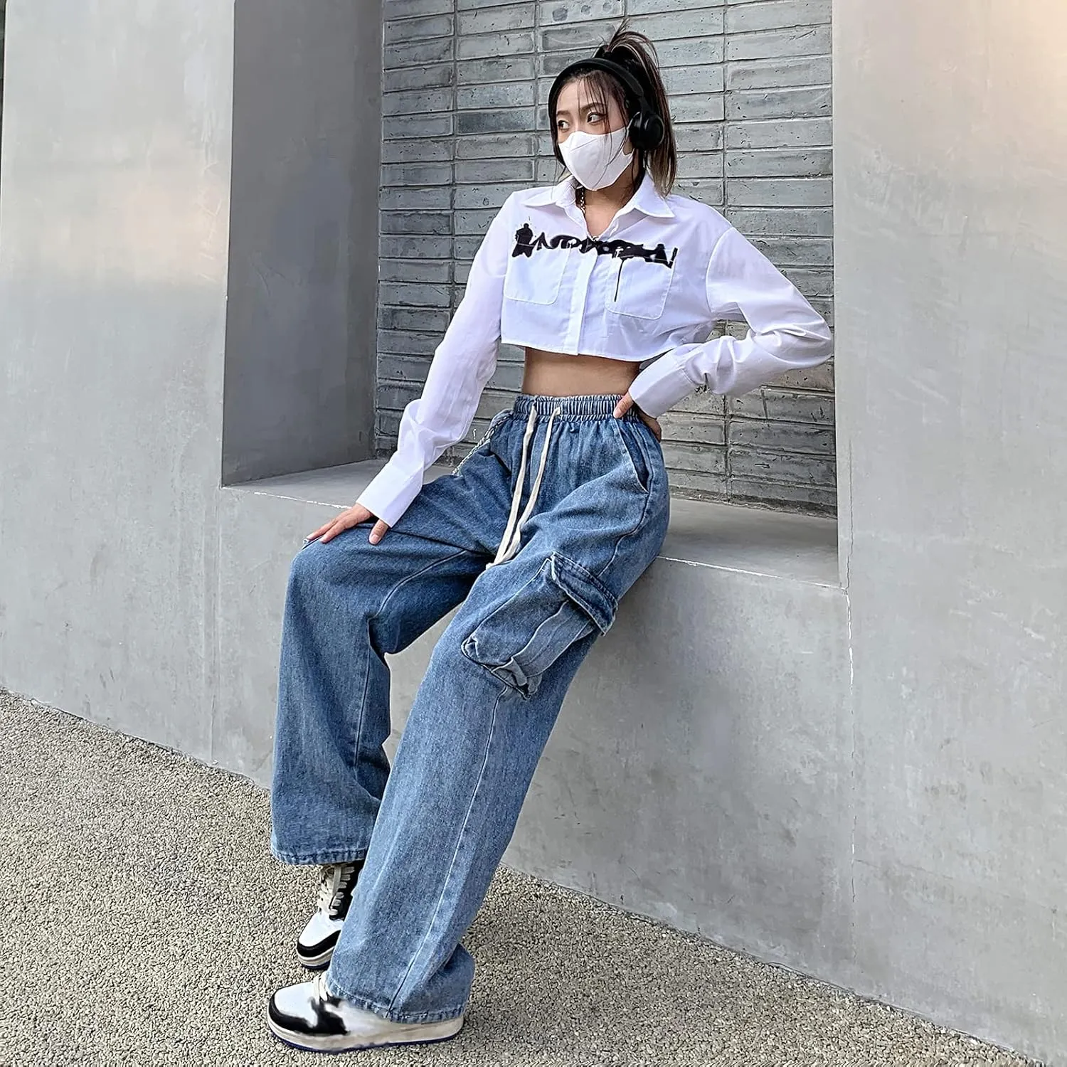 Baggy Jeans for Women High Waist Y2K Boyfriend Casual Loose Wide Leg Drawstring Cargo Pants with Pockets