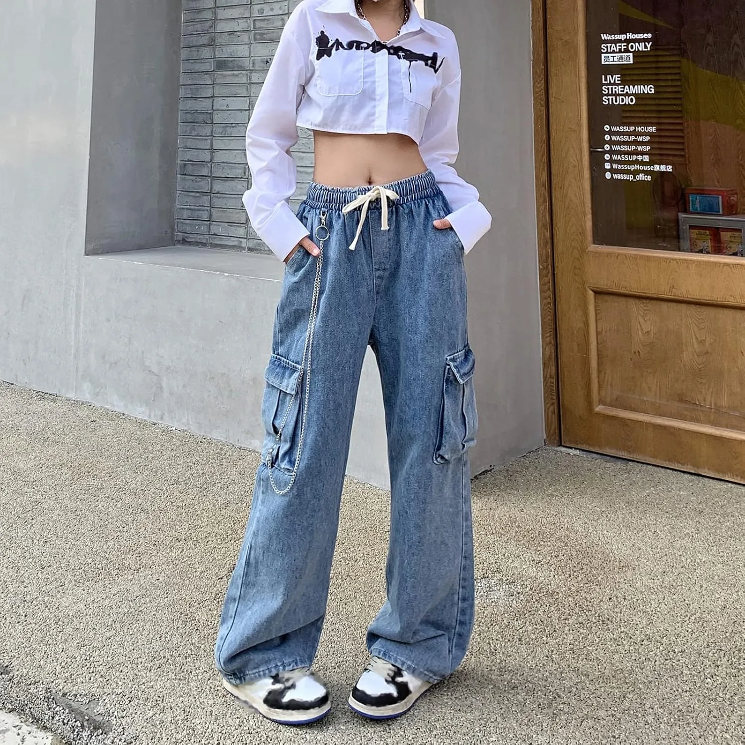 Baggy Jeans for Women High Waist Y2K Boyfriend Casual Loose Wide Leg Drawstring Cargo Pants with Pockets