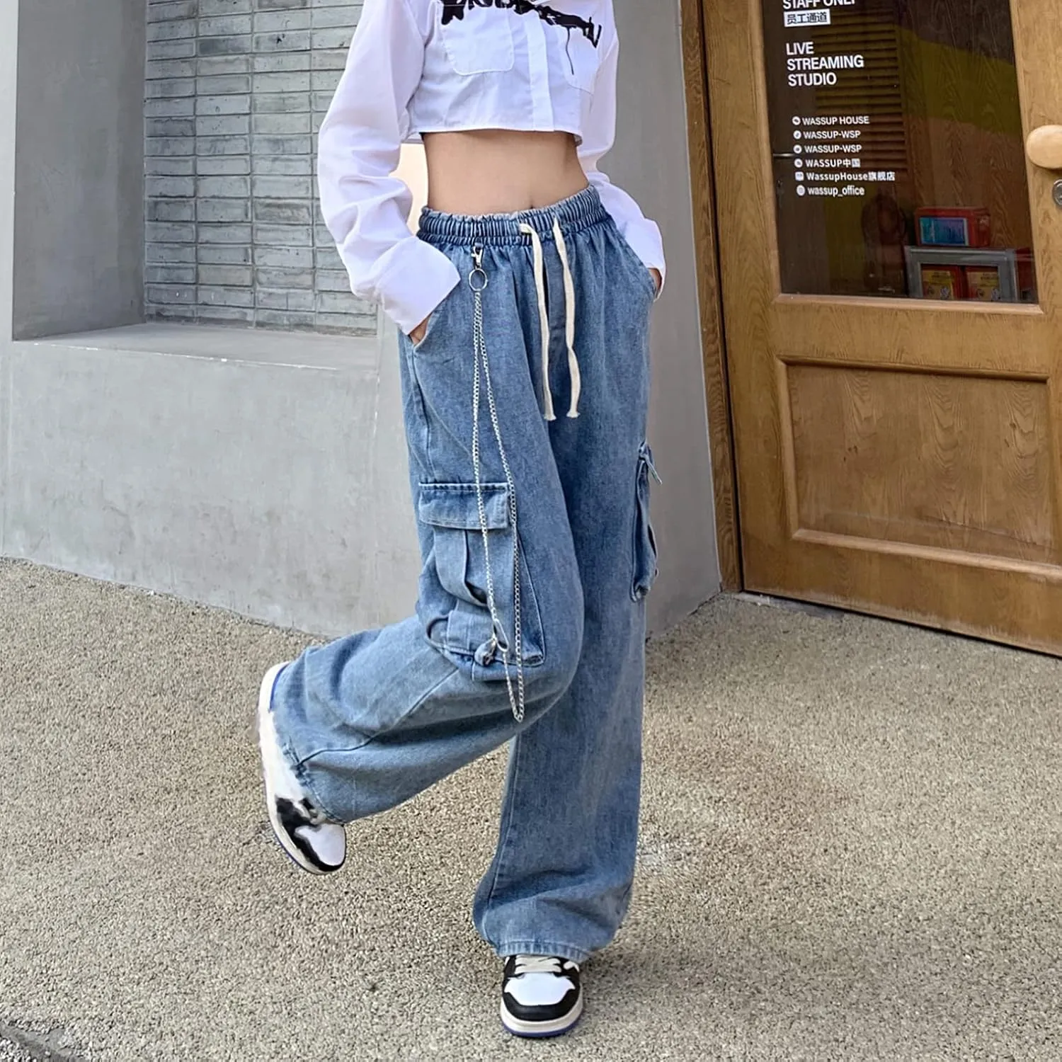 Baggy Jeans for Women High Waist Y2K Boyfriend Casual Loose Wide Leg Drawstring Cargo Pants with Pockets