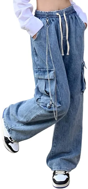 Baggy Jeans for Women High Waist Y2K Boyfriend Casual Loose Wide Leg Drawstring Cargo Pants with Pockets
