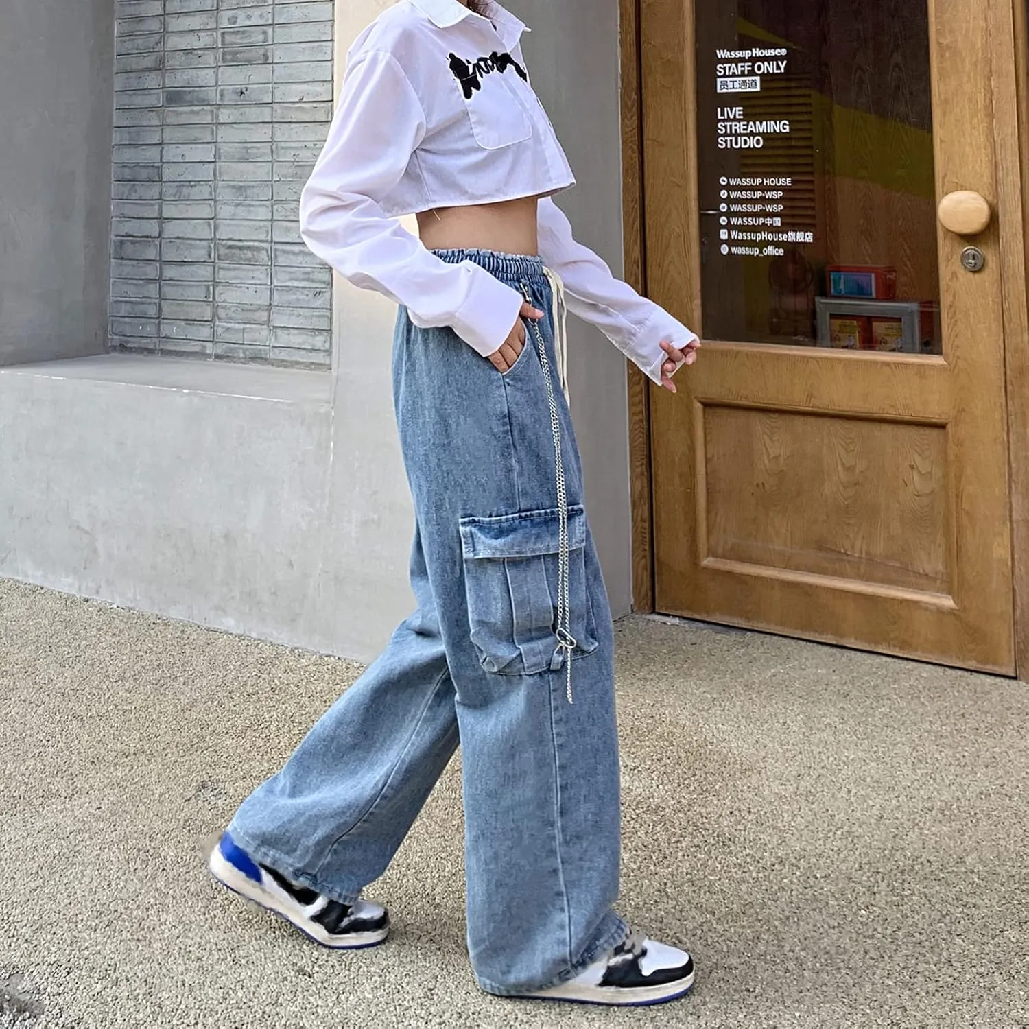 Baggy Jeans for Women High Waist Y2K Boyfriend Casual Loose Wide Leg Drawstring Cargo Pants with Pockets