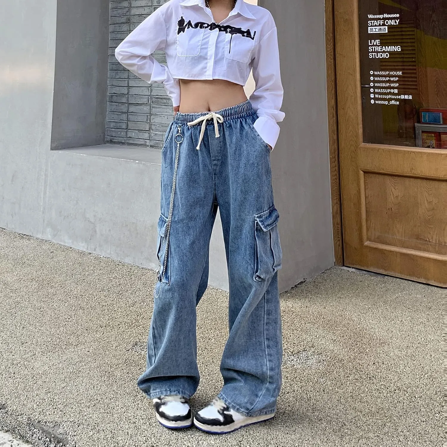 Baggy Jeans for Women High Waist Y2K Boyfriend Casual Loose Wide Leg Drawstring Cargo Pants with Pockets