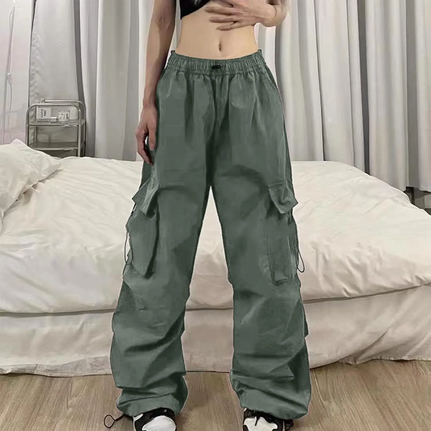 Baggy Parachute Pants for Women Elastic High Waist Lounge Cargo Pants Multiple Pockets Jogger Y2K Quick Dry Pant