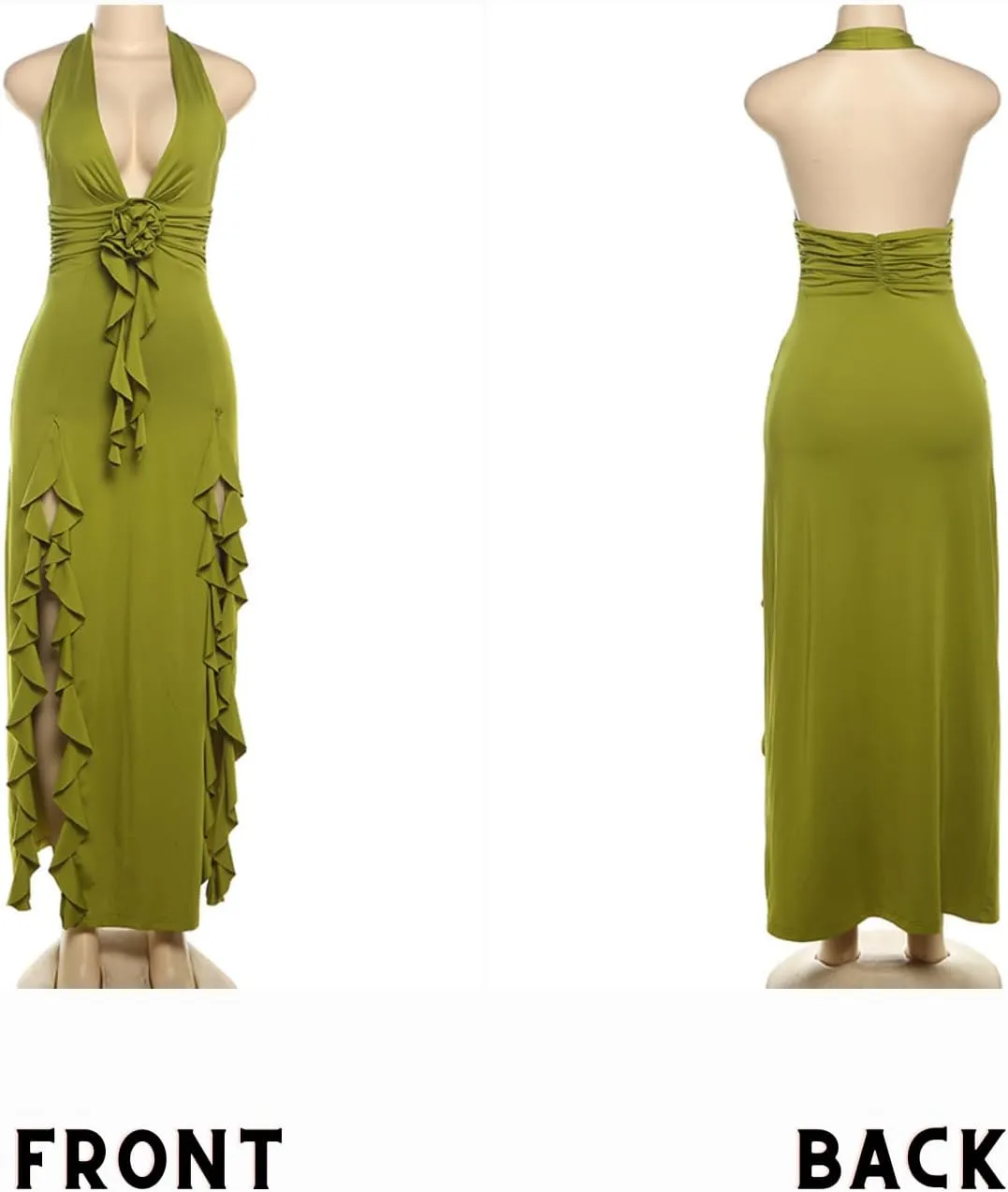 BAIMORE Women's Sexy Deep V Neck Backless Floral Ruffle Tassels Split Bodycon Halter Maxi Dress
