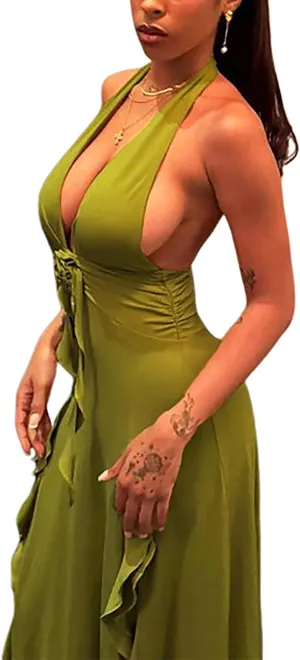 BAIMORE Women's Sexy Deep V Neck Backless Floral Ruffle Tassels Split Bodycon Halter Maxi Dress