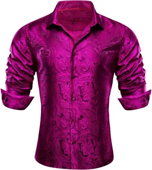 Barry.Wang Men Dress Shirts Paisley 70s Disco Shirt Button Down Silk Long Sleeve Tops for Wedding/Prom/Party/Nightclub