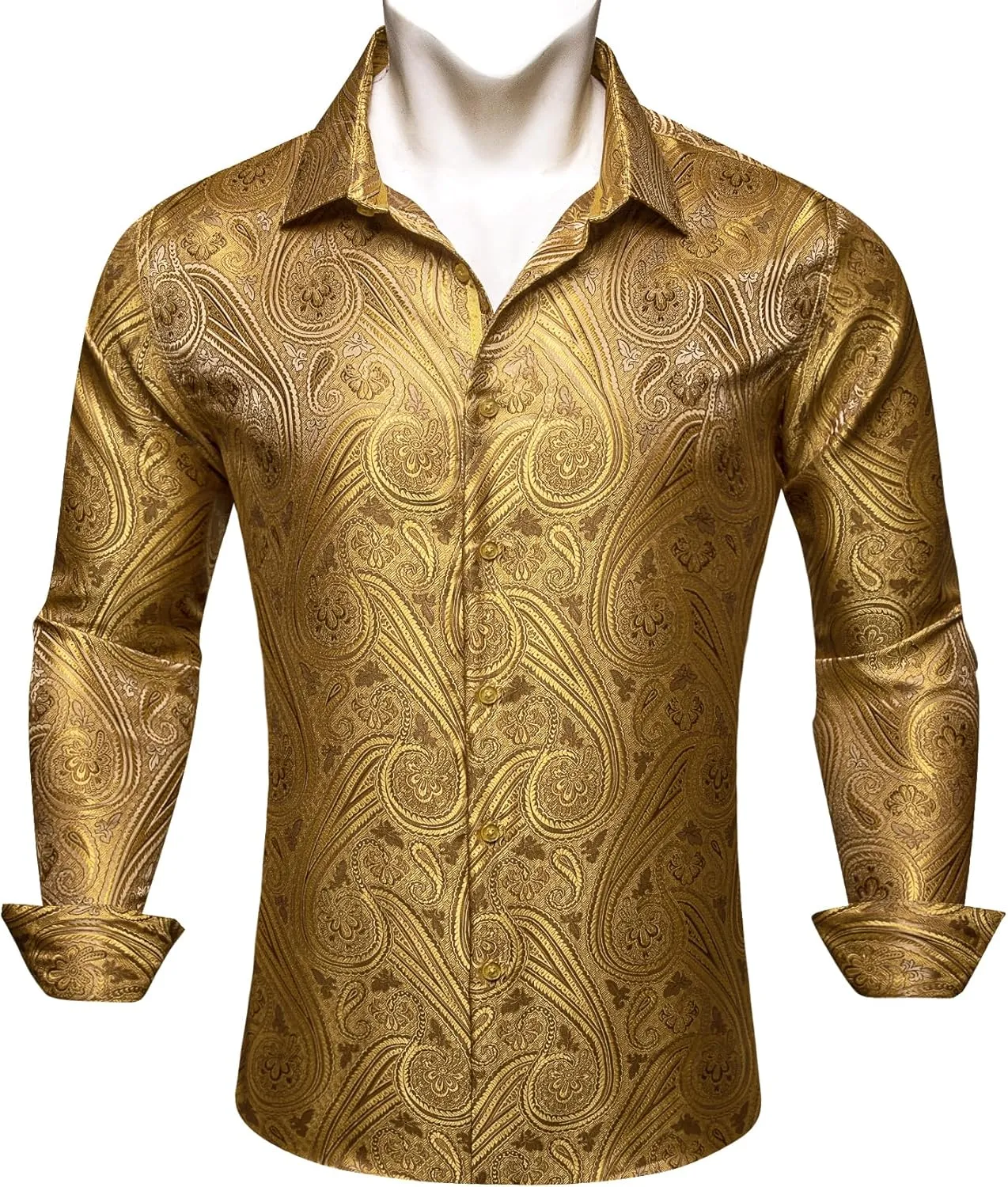 Barry.Wang Men Dress Shirts Paisley 70s Disco Shirt Button Down Silk Long Sleeve Tops for Wedding/Prom/Party/Nightclub