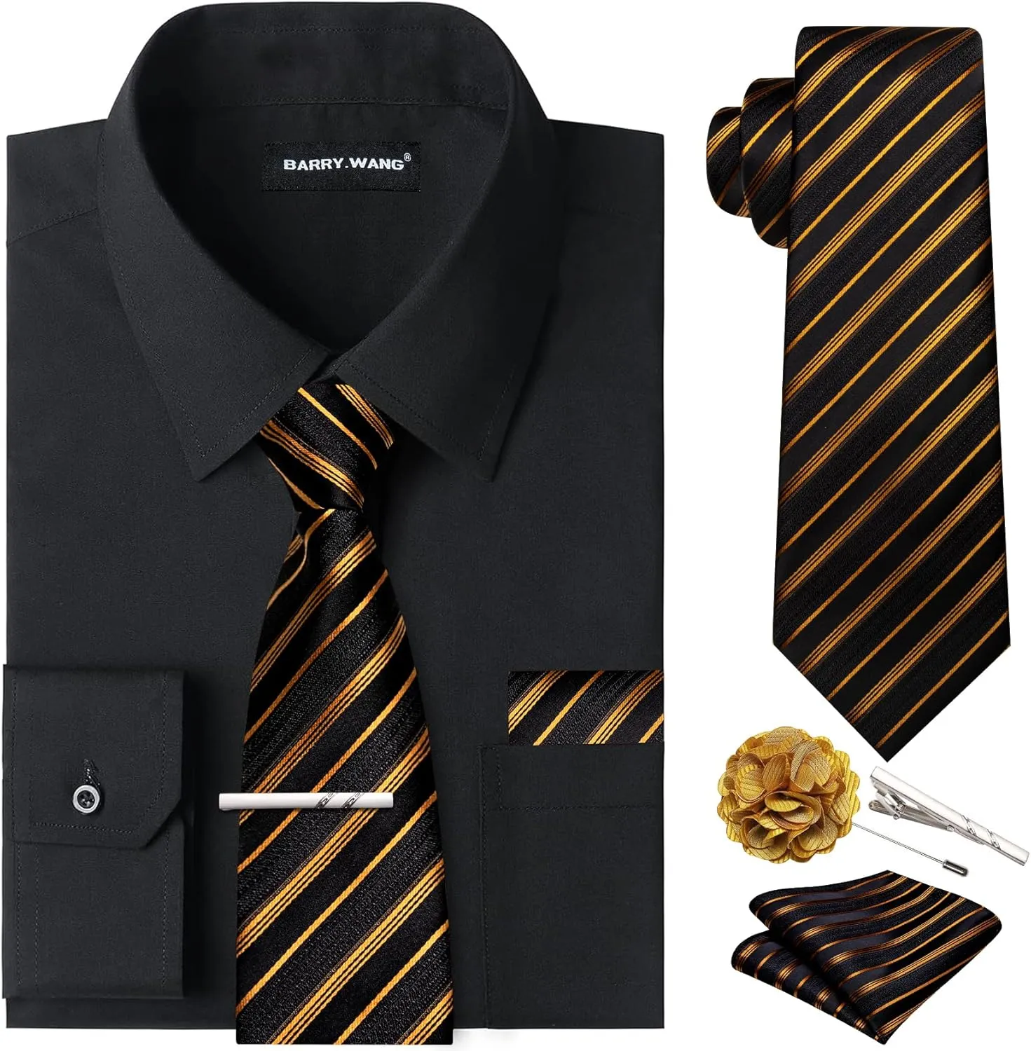Barry.Wang Solid Colors Mens Dress Shirt and Tie Set Formal Business Wedding Shirts Long Sleeve Button Down Casual 6PCS