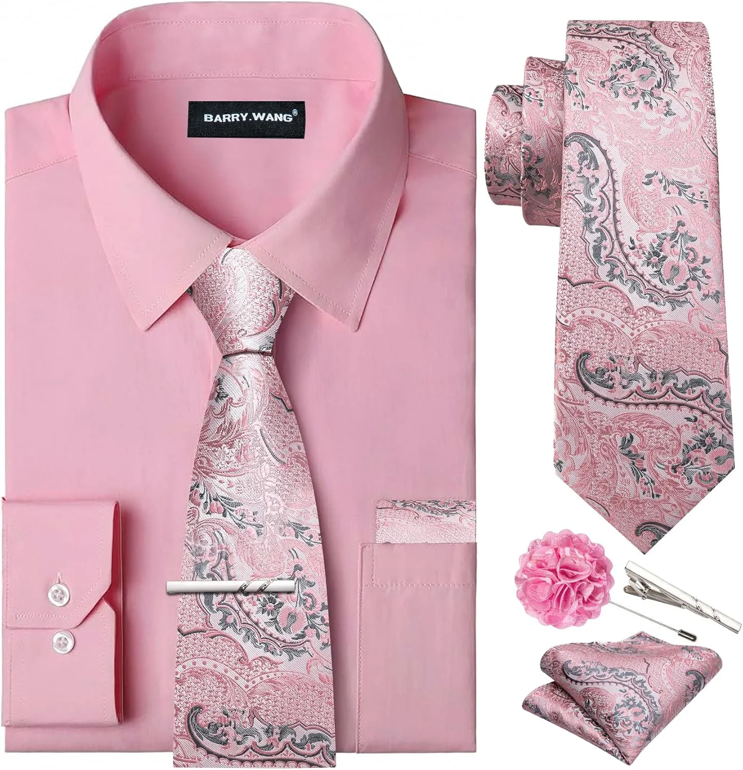Barry.Wang Solid Colors Mens Dress Shirt and Tie Set Formal Business Wedding Shirts Long Sleeve Button Down Casual 6PCS