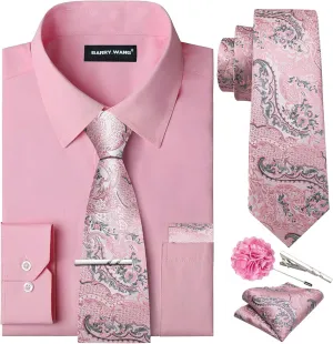 Barry.Wang Solid Colors Mens Dress Shirt and Tie Set Formal Business Wedding Shirts Long Sleeve Button Down Casual 6PCS
