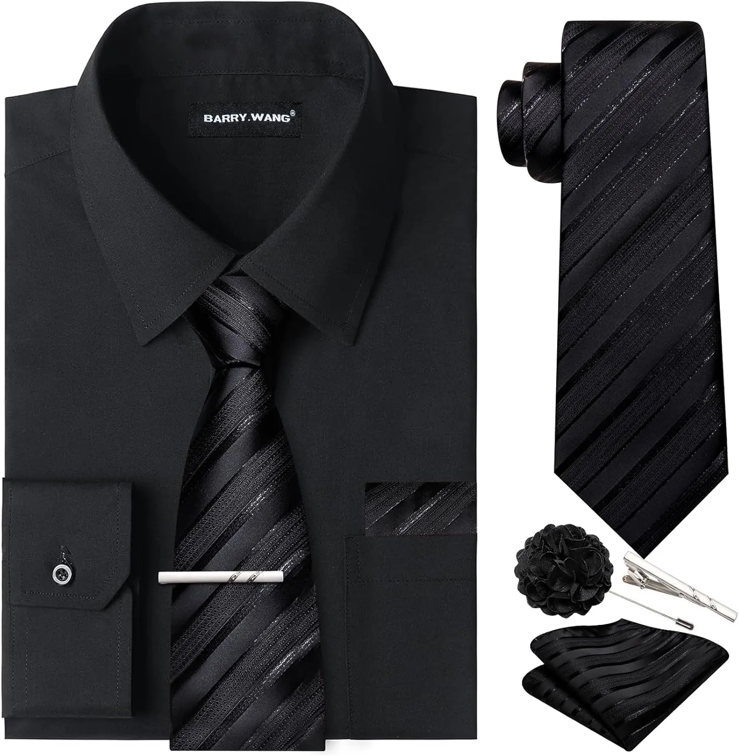 Barry.Wang Solid Colors Mens Dress Shirt and Tie Set Formal Business Wedding Shirts Long Sleeve Button Down Casual 6PCS